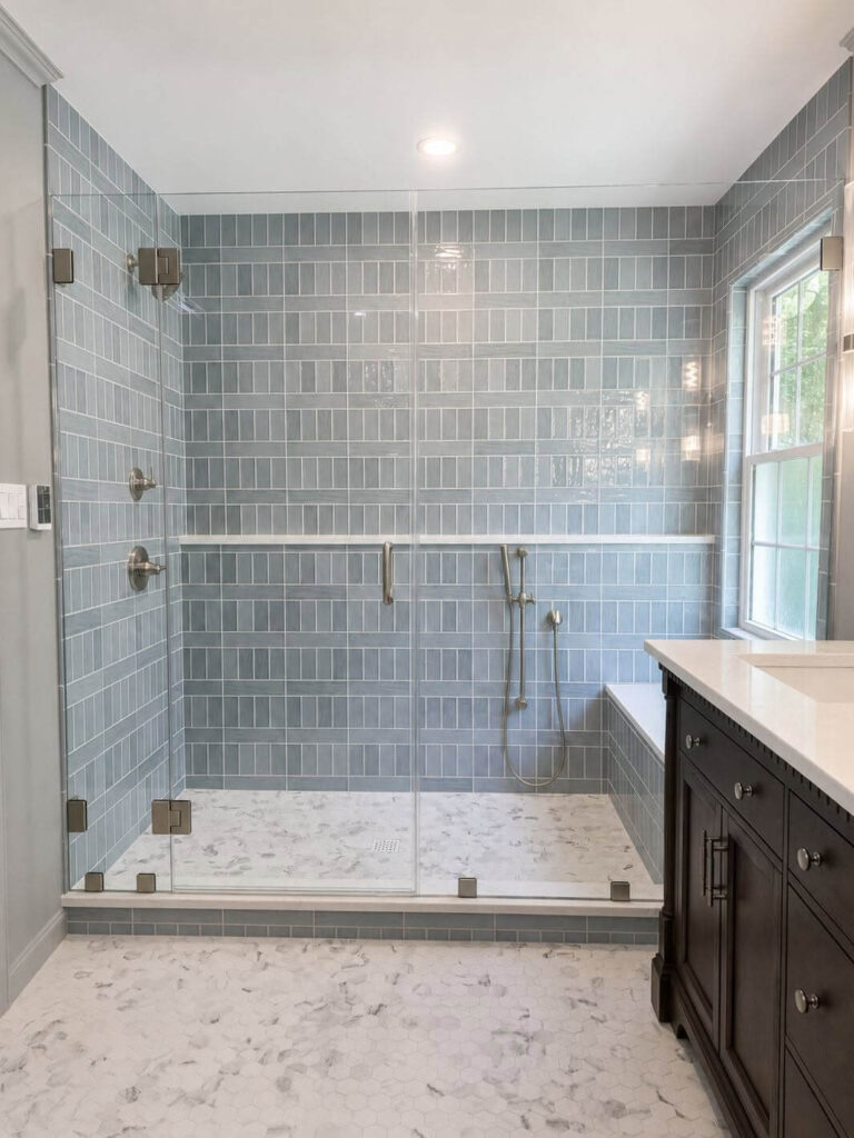 shower enclosure frameless blue tile